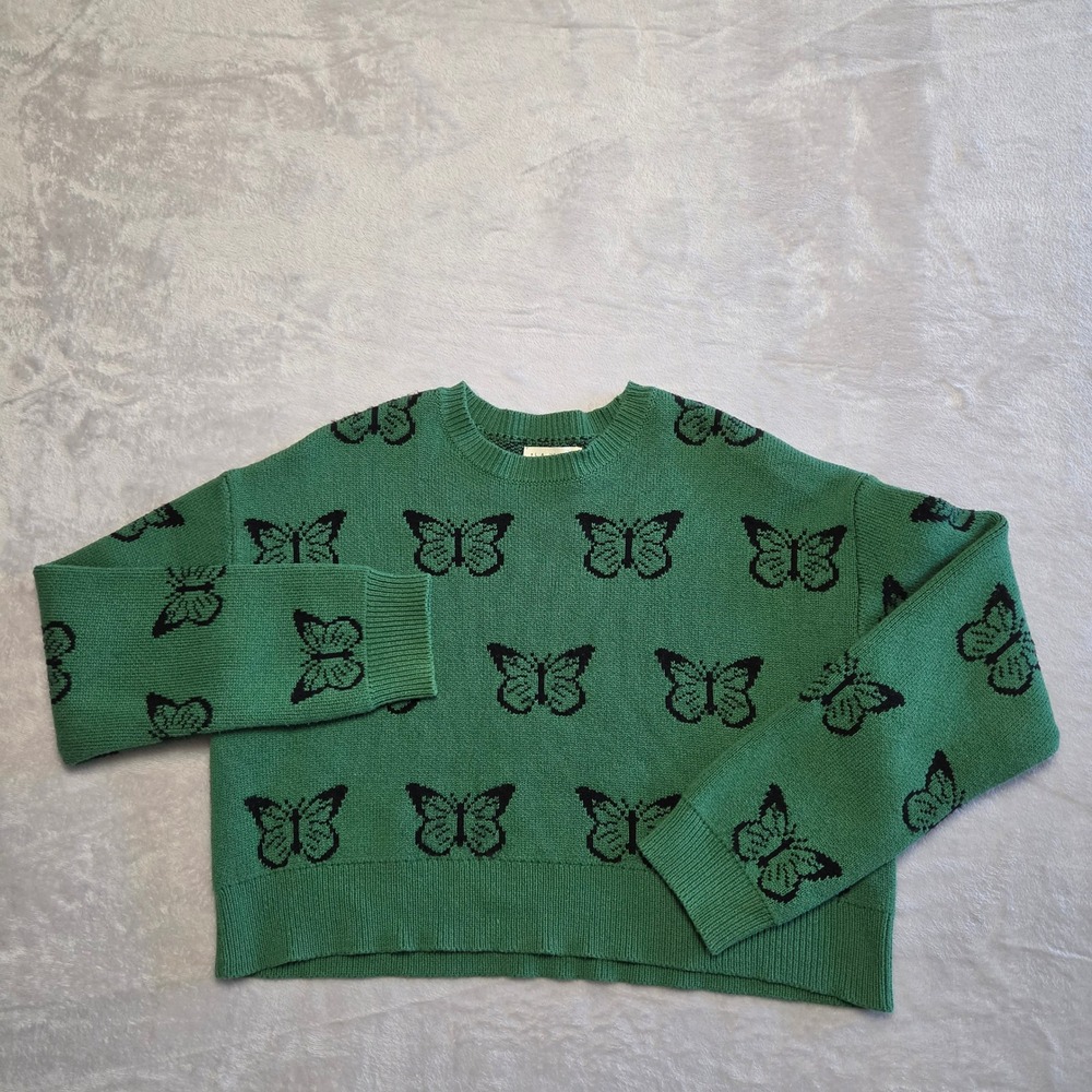 LA Hearts Green Butterfly Knit Cropped Sweater S Y2K Indie Fairycore Cottagecore